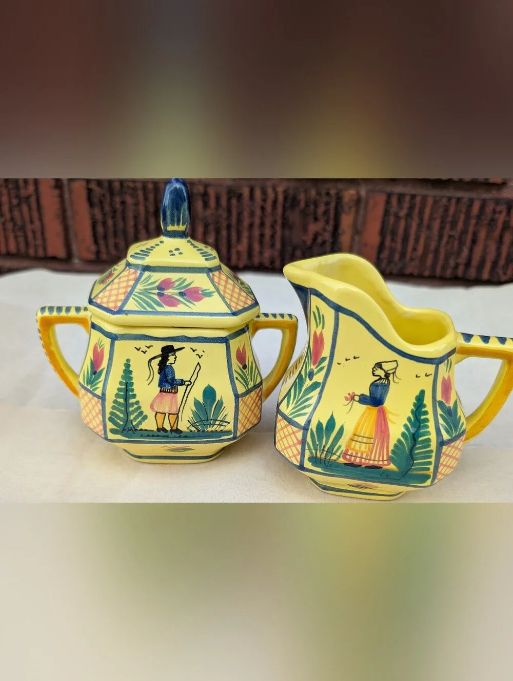 VTG HB Quimper Hand-Painted Yellow Ceramic Sugar and Creamer Set NICE CONDITION